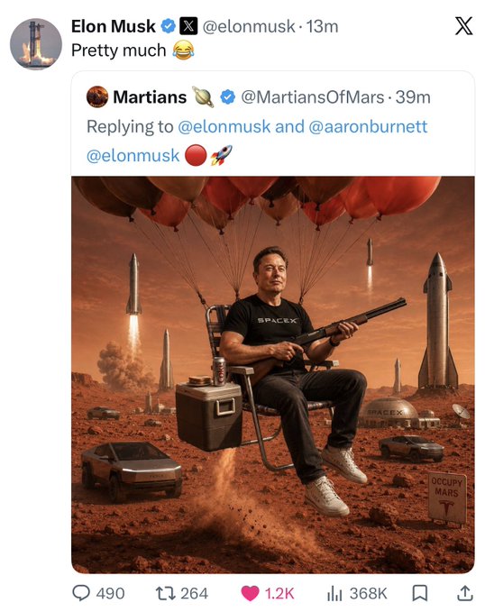 A screenshot of an X (Twitter) post by Elon Musk reading 'Pretty much 😂', quoting a post from 'Martians' featuring AI art of Elon Musk sitting on a Mars-themed chair, holding a shotgun, with SpaceX rockets and a Cybertruck in the background.