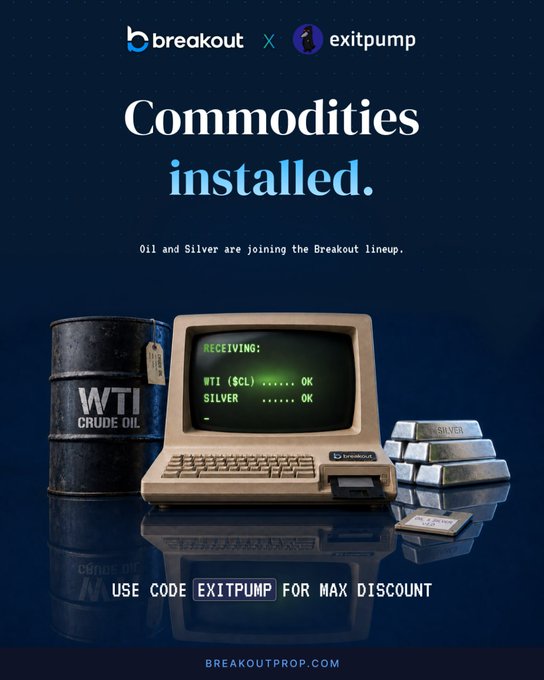 A promotional graphic announces "Commodities installed" featuring a vintage computer showing "RECEIVING: WTI ($CL) ...... OK, SILVER ...... OK" alongside a WTI Crude Oil barrel and silver bars, with logos for Breakout and exitpump, and a promo code "EXITPUMP" for max discount at breakoutprop.com.