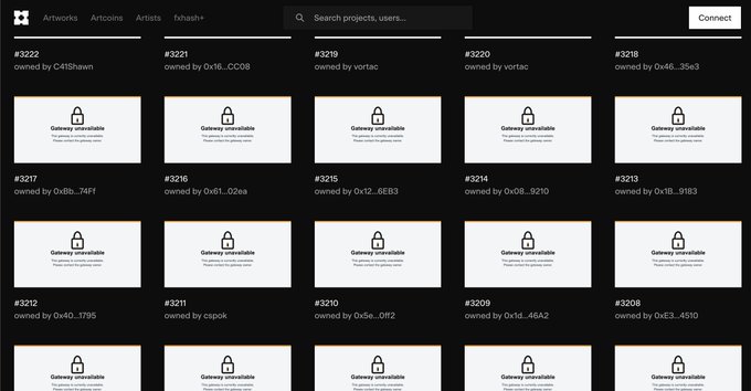 A dark-themed Artifacts platform interface showing a grid of NFT projects (#3208-#3222), all marked as 'Gateway unavailable' with lock icons, owned by various users with partially redacted wallet addresses.