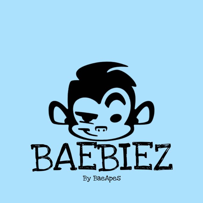 A simple logo on a light blue background featuring a black cartoon monkey face with text reading 'BAEBIE'z By BaeApeS'.