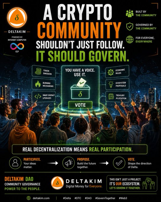 Promotional graphic for 'DELTAKIM' DAO with the headline 'A CRYPTO COMMUNITY SHOULDN'T JUST FOLLOW. IT SHOULD GOVERN.' featuring illustrations of community members voting on various governance aspects.