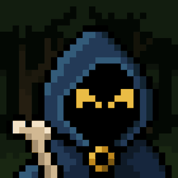 A pixel art grim reaper character with glowing yellow eyes and hooded blue robes holds a scythe. The image relates to the post as a possible avatar or NFT collectible character from the MancerXYZ platform, which appears to be a crypto/NFT project.