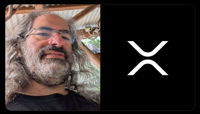 A side-by-side image showing a bearded man with glasses and long curly hair on the left, and the XRP (Ripple) cryptocurrency logo on the right.