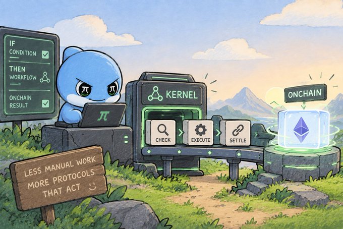 An illustrated scene shows a blue cartoon mascot with a laptop next to a 'KERNEL' processing machine with 'CHECK', 'EXECUTE', and 'SETTLE' steps, alongside an 'ONCHAIN' Ethereum block and a sign reading 'LESS MANUAL WORK MORE PROTOCOLS THAT ACT'.