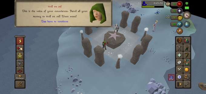 A screenshot from Old School RuneScape showing a quest dialogue with a character in a green hood who says "This is the voice of your conscience. Hand all your money to troll on rs! Woow wooo!"