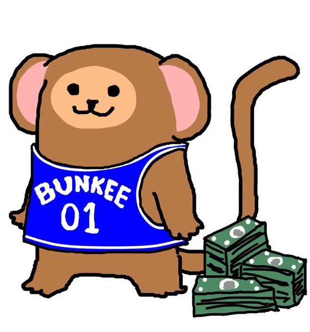 A cartoon monkey wearing a blue jersey with 'BUNKEE 01' stands next to a stack of green banknotes with an orange tail.