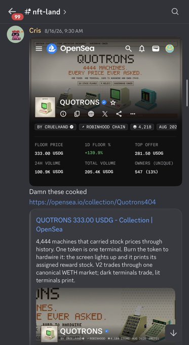 The image displays an OpenSea listing for "QUOTRONS," an NFT collection with a floor price of 333.00 USDG and a 1D floor increase of +139.9%. The accompanying text suggests the NFTs have seen significant price appreciation.
