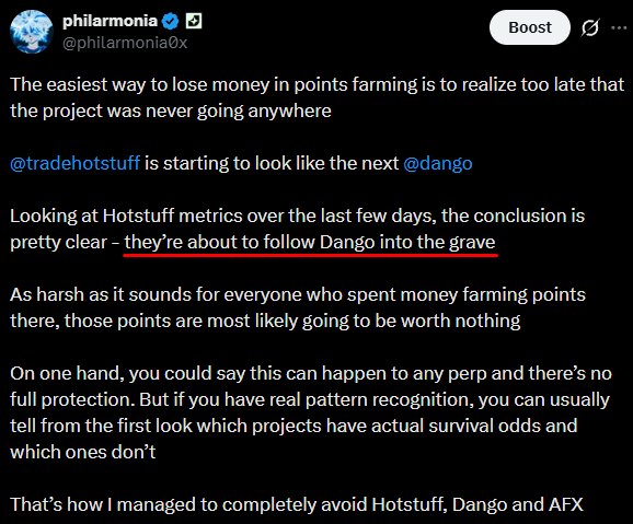 A tweet from Philarmonia (@philarmonia0x) warning that the easiest way to lose money in points farming is realizing too late that a project was never going anywhere, specifically highlighting '@tradehotstuff' and '@dango'.