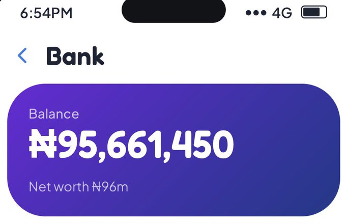 A mobile banking app screenshot showing a balance of ₦95,661,450 and net worth of ₦96m.