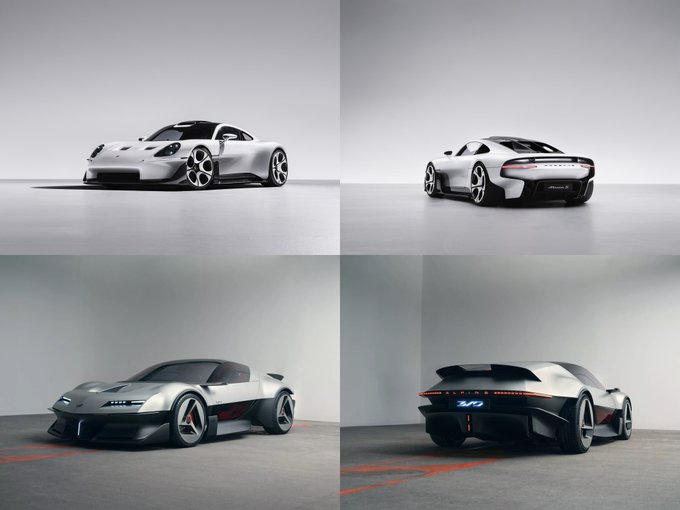 A four-panel image showing a silver Porsche 911 from front and rear views alongside a futuristic silver and black Bugatti-style sports car concept, also from front and rear views.