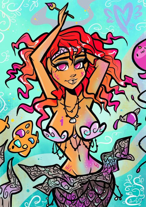 A colorful cartoon-style digital illustration of a red-haired mermaid character holding a staff, adorned with jewelry and wearing a decorated top.