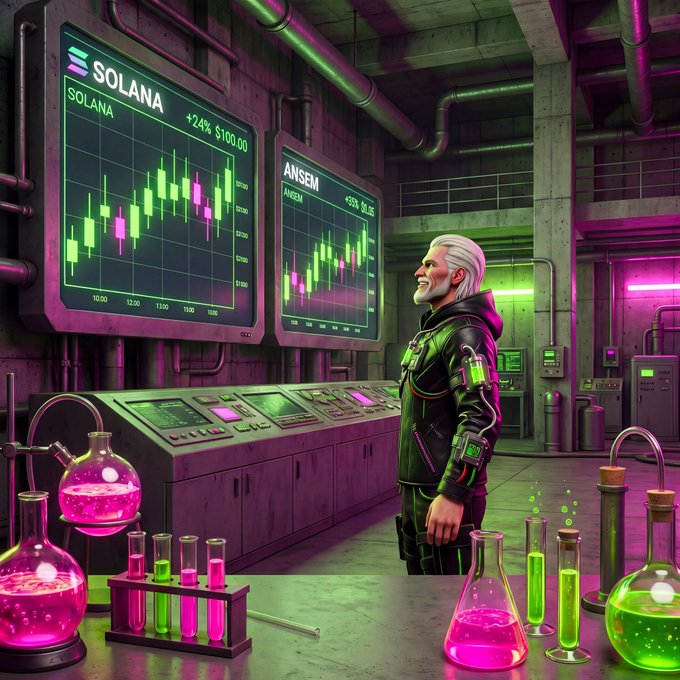 A digital artwork of a white-haired man in a futuristic black outfit standing in a neon-lit lab. Behind him are screens displaying 'SOLANA' and 'ANSEM' stock charts, with glowing pink and green beakers and test tubes in the foreground.