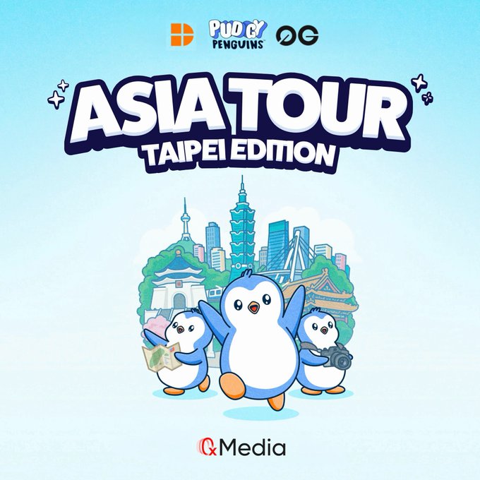 Promotional artwork for "Pudgy Penguins Asia Tour - Taipei Edition," featuring three cartoon penguins in front of iconic Taipei landmarks like Taipei 101 and the National Chiang Kai-shek Memorial Hall, with logos for Pudgy Penguins, OG, and GxMedia. The image directly supports the post announcing the Pudgy Penguins "Huddle" community events taking place during FUTUREMODE 台灣未來祭 on September 5-6 in Taipei.