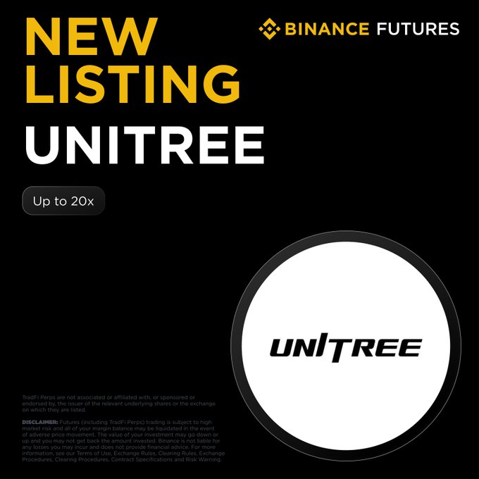 A Binance Futures promotional graphic announcing a 'NEW LISTING' for 'UNITREE' with up to 20x leverage.