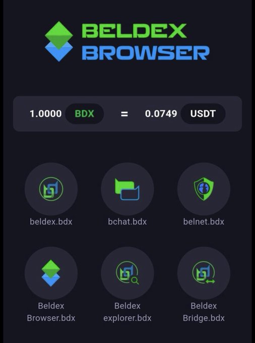 A promotional screen for 'BELDEX BROWSER' showing a cryptocurrency conversion rate of 1.0000 BDX = 0.0749 USDT, with icons for beldex.bdx, bchat.bdx, and belnet.bdx.