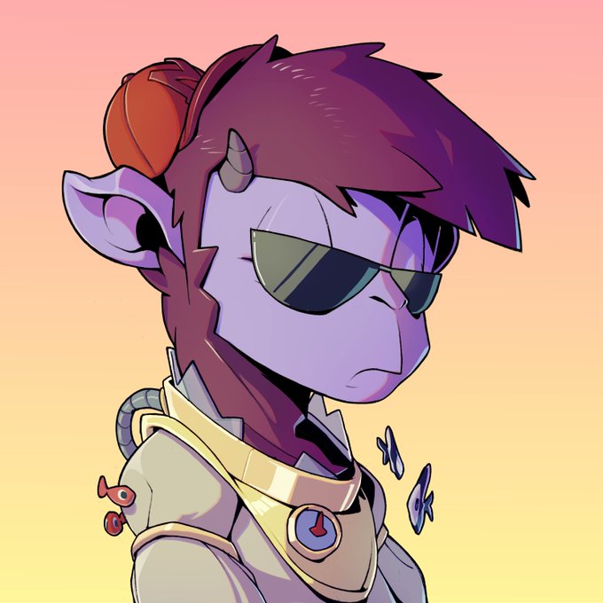A digital illustration of a purple-skinned character with purple hair, wearing dark sunglasses, a tan and gray suit, and an earpiece, with small red and blue fish swimming around them against a pink-to-yellow gradient background.