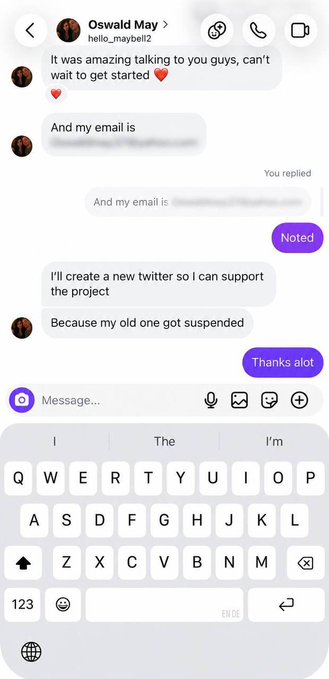 Screenshot of an Instagram DM conversation where Oswald May (hello_maybellz) says they can't wait to start on a project, shares an email, and notes they're creating a new Twitter account after their old one was suspended to support the project, with replies "Noted" and "Thanks alot."