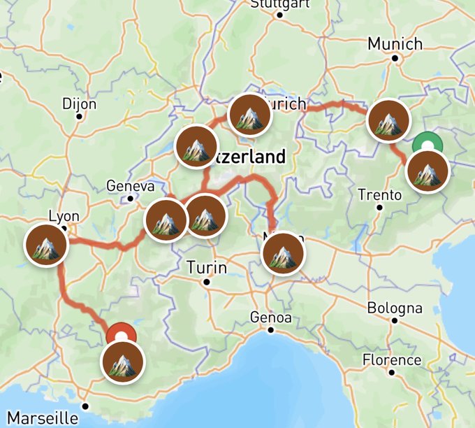 Map of Switzerland and surrounding regions showing a travel route connecting various cities including Lyon, Geneva, Turin, Munich, and Trento, marked with mountain peak icons.