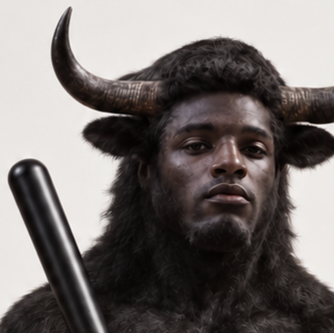 A realistic digital portrait of a minotaur-like creature with a muscular dark-skinned human face, large curved horns, dark fur, and a black baseball bat visible in the foreground.
