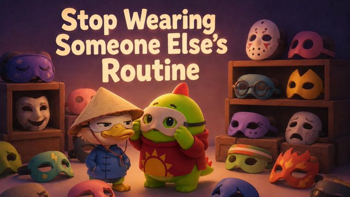 An illustration of two cute cartoon characters, a duck and a dinosaur in a superhero cape, surrounded by colorful masks, with the text 'Stop Wearing Someone Else's Routine'.
