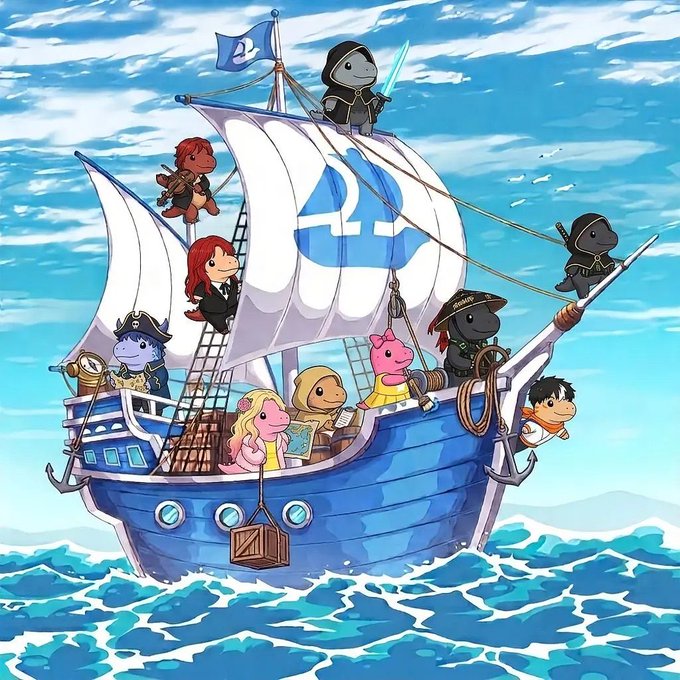 An illustration of various anthropomorphic NFT-style characters dressed as pirates sailing on a ship with a white sail bearing a blue logo across a blue sea.