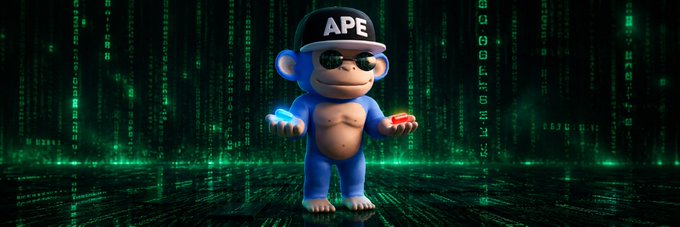 The image features a cartoon monkey wearing sunglasses, holding a red object (possibly a banana), and standing against a green background with white lines. The caption of the image reads "Do you choose @apecoin as your savior? @ApeChainHUB". This suggests that there is an advertisement or promotional post related to cryptocurrency or blockchain technology featuring a cartoon character dressed in a hat, holding a red object (possibly a banana), and promoting the use of a specific cryptocurrency.