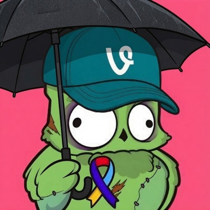 The image features a cartoon character wearing a hat, holding an umbrella over their head while standing against a pink background. The character appears to be a green monster with googly eyes and a sad expression. There are no texts or other objects present in the image.