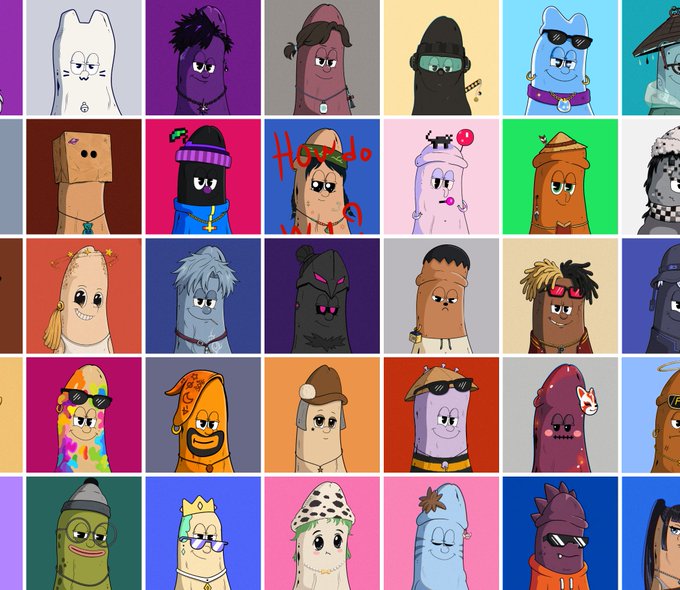 A colorful grid collage of numerous cartoon banana-style characters with various outfits and expressions.