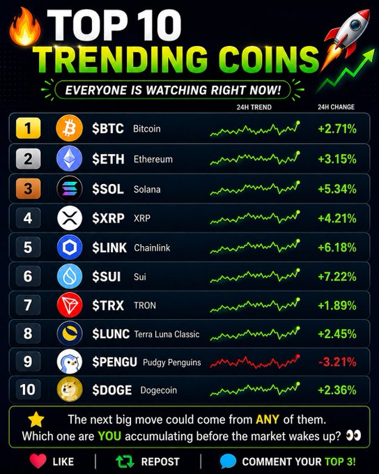 A graphic titled 'TOP 10 TRENDING COINS' listing $BTC (+2.71%), $ETH (+3.15%), $SOL (+5.34%), $XRP (+4.21%), $LINK (+6.18%), $SUI (+7.22%), $TRX (+1.89%), $LUNC (+2.45%), $PENGU (-3.21%), and $DOGE (+2.36%).