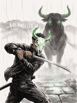 A digital illustration of a samurai wearing a horned skull mask and wielding a katana in the rain, with a shadowy, glowing-eyed bull labeled 'SOLANGELES' looming in the background.