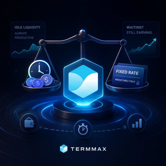 A dark-themed digital advertisement for "Termmax" showing a glowing cube balanced on a scale, flanked by graphics representing "Idle Liquidity" and "Fixed Rate" with text reading "Always Productive" and "Predictable Yield."