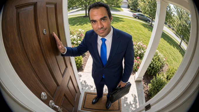 A suited salesman holding a briefcase stands at a front door, captured through a fisheye peephole lens, ready to pitch his product. The image humorously illustrates the social media post's "do you have a moment" sales pitch, with the unknown man taking the door-to-door blockchain salesman trope to a literal doorstep.