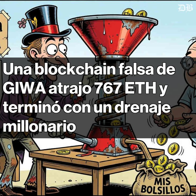 A cartoon illustration depicts a man in a top hat operating a contraption that extracts Ethereum (ETH) coins into a bag labeled 'MIS BOLSILLOS', with Spanish text reading 'Una blockchain falsa de GIWA atrajo 767 ETH y terminó con un drenaje millonario'.