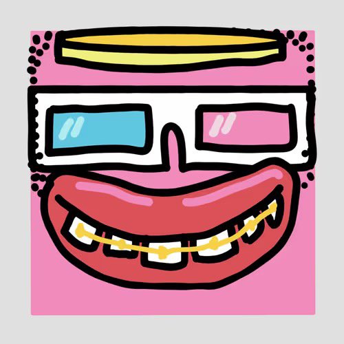 The image features a cartoon-style face with a pink background, displaying mismatched 3D-style glasses (one blue lens, one pink lens), a yellow halo on top, and a wide grin showcasing gold grillz over the teeth—matching the playful, surreal aesthetic typical of an NFT the user just minted.
