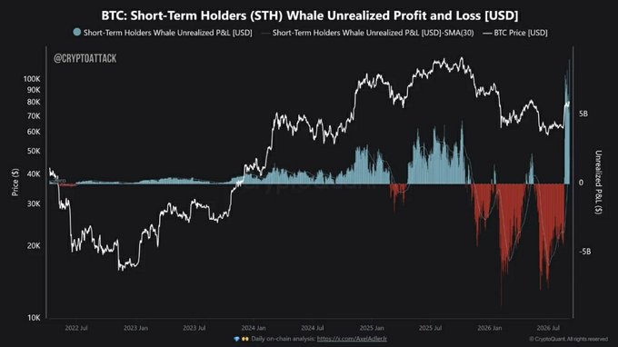 A financial chart titled 'BTC: Short-Term Holders (STH) Whale Unrealized Profit and Loss [USD]' by @CryptoDattack, showing Bitcoin's price action and unrealized P&L from 2022 to 2026.