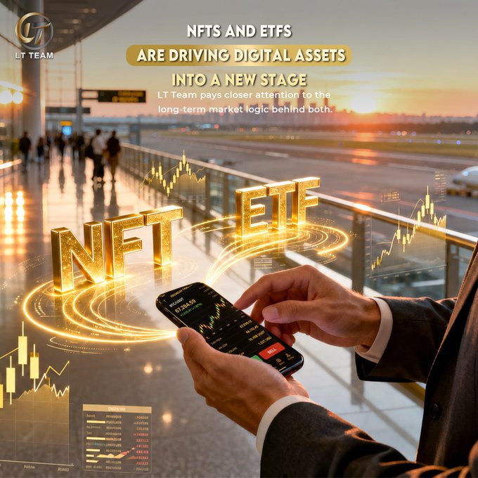 A businessman holds a smartphone displaying trading charts with glowing golden "NFT" and "ETF" text floating above it, set against an airport terminal backdrop, accompanied by the headline "NFTS AND ETFS ARE DRIVING DIGITAL ASSETS INTO A NEW STAGE" and a caption noting LT Team's attention to the long-term market logic behind both assets, reinforcing the post's themes of institutional crypto adoption and expanding digital asset ecosystems.