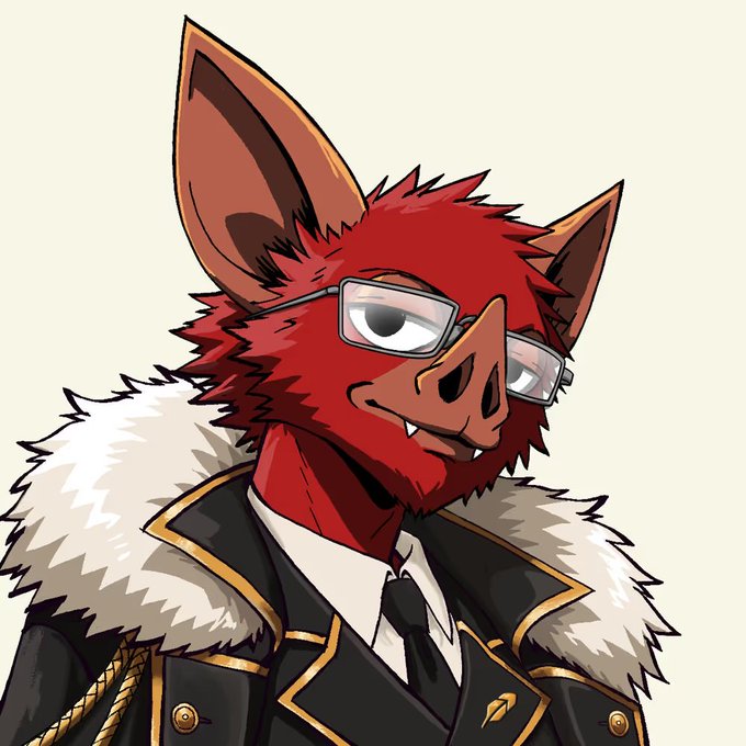 A digital illustration of an anthropomorphic red fox/bat-like character wearing glasses, a black suit with gold trim, a white shirt, black tie, and a fur-collared coat, smiling confidently.