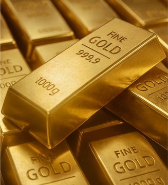 Gold bars stamped "FINE GOLD 999.9 1000g" are stacked together, symbolizing precious metal wealth that could serve as a safe-haven asset amid the post's bullish $4600 price target. The image reinforces the message of gold's enduring value as a key investment target.