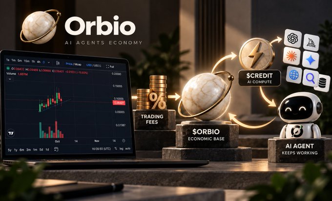 A promotional image for "Orbio - AI Agents Economy" showcases a trading laptop displaying price charts alongside symbolic elements—globe with "%" labeled "Trading Fees," a marble globe marked "Orbio Economic Base," and an AI robot labeled "AI Agent Keeps Working" connected by arrows to "Credit AI Compute" and AI service icons—visually illustrating the post's point that $ORBIO provides the economic infrastructure (fees and compute credits) that keeps AI agents operational after token launches, distinguishing it from typical AI token gems on Robinhood.