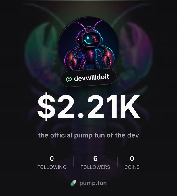 A pump.fun profile page for @devwilldoit showing a portfolio value of $2.21K, labeled as 'the official pump fun of the dev', with 6 followers and 0 coins.