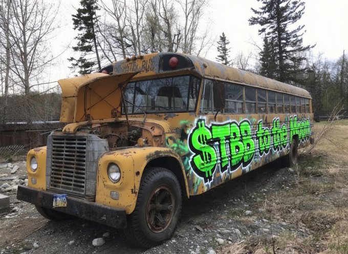 An old, rusted yellow school bus covered in green graffiti reading "STEP YOUR GAME UP" sits abandoned outdoors, serving as a makeshift billboard to promote a coast-to-coast marketing campaign for the meme coin $TBB, with the first stop announced as Calabasas, California.