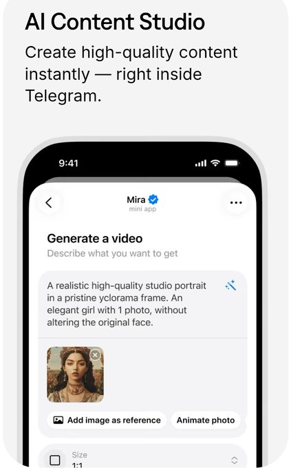 A promotional graphic for 'AI Content Studio' showing a Telegram mini-app interface called 'Mira' that generates videos from text prompts and reference images.