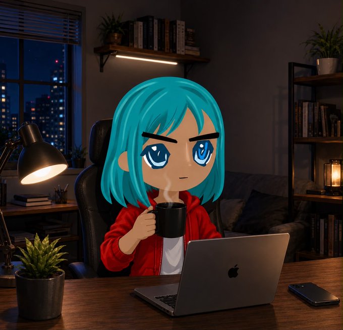 An anime-style character with teal hair holding a coffee mug in a cozy room with a laptop and city view.