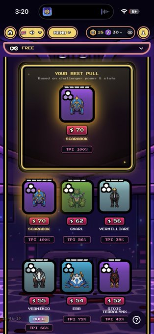 A mobile game screenshot displaying a gacha pull interface titled 'YOUR BEST PULL' with the character 'SCARABOK' highlighted, alongside other units like Gnarl, Vermillaire, and Edo.