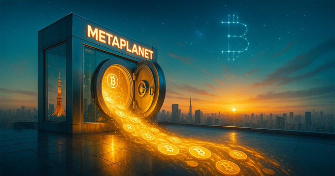 A promotional image for 'METAPLANET' shows a vault labeled with the name pouring out glowing Bitcoin coins, set against a Tokyo skyline at sunset with a Bitcoin symbol in the sky.