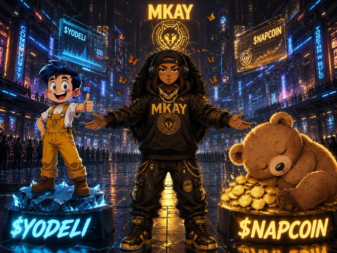 The image features a cartoon illustration of two characters, one wearing a hoodie with "MKAY" written on it and another wearing a hoodie with "NAPCOIN" written on it. The characters are standing next to each other, with their arms outstretched in front of them. In the background, there is a cityscape filled with neon lights, which adds to the overall atmosphere of the image. The post also includes text that reads "1/6: The Ultimate Crypto Duo Awakening: $YODELI + $NAPCOIN In a market full of noise and fleeting hype, two Solana gems are rewriting the script: $YODELI (the loud call to action) and $NAPCOIN (the calm foundation that holds). One yodels to grab attention. One naps to build".