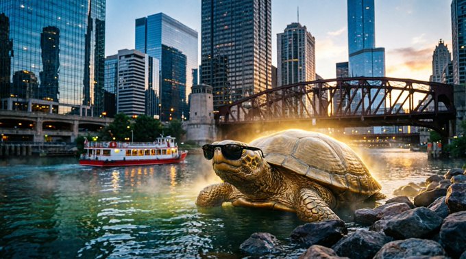 Artistic rendering of a large turtle wearing sunglasses on rocks along a river in Chicago, with skyscrapers and a steel bridge in the background and a tour boat passing by.