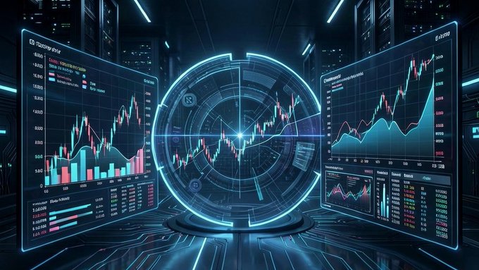 A futuristic, sci-fi style illustration of a glowing circular interface displaying stock charts, financial data, and market analytics in blue and red neon colors.