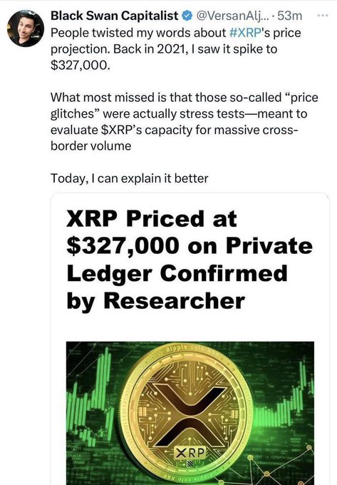A tweet from "Black Swan Capitalist" (@VersanAlj...) discussing XRP's price projection of $327,000, with an embedded article titled "XRP Priced at $327,000 on Private Ledger Confirmed by Researcher" showing a gold XRP coin.