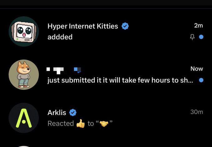 A screenshot of social media notifications including 'Hyper Internet Kitties added', a submission message from a Doge-style avatar, and 'Arklis reacted 👍 to 🤝'.